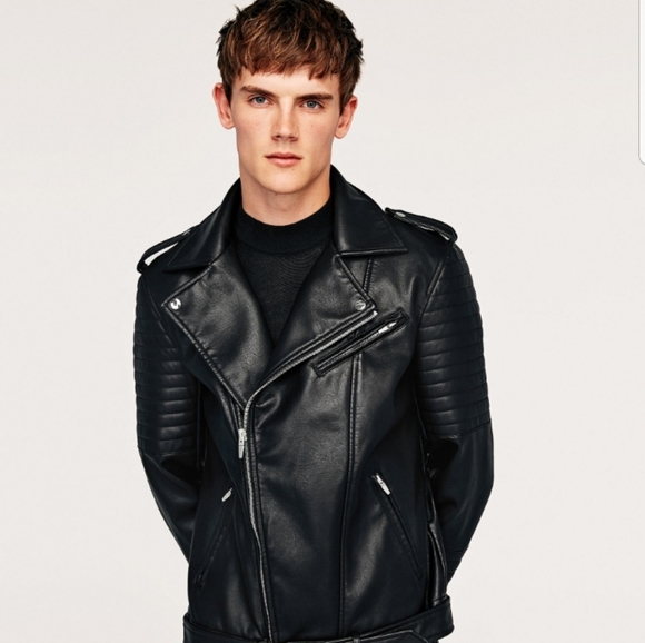 Zara Mens Black Faux LEATHER Biker Jacket SIZE M N